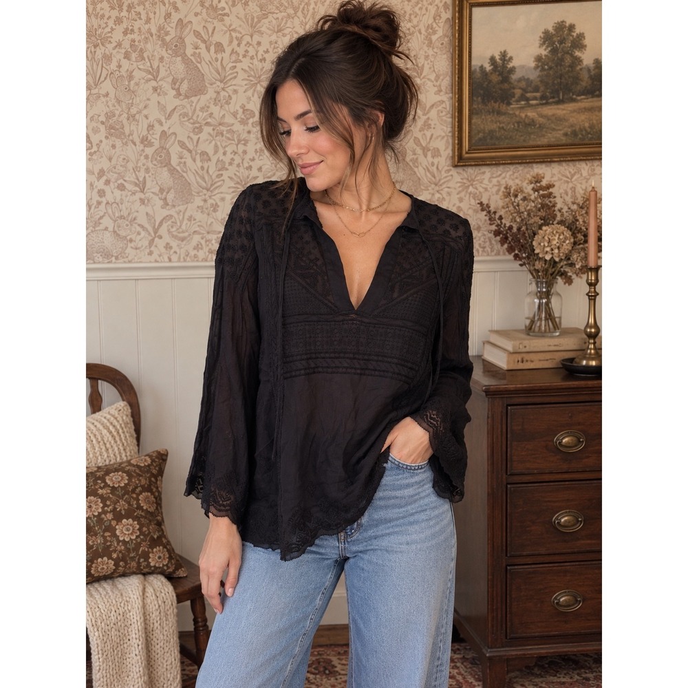 Wilfred Black Embroidered Boho Blouse – Size M